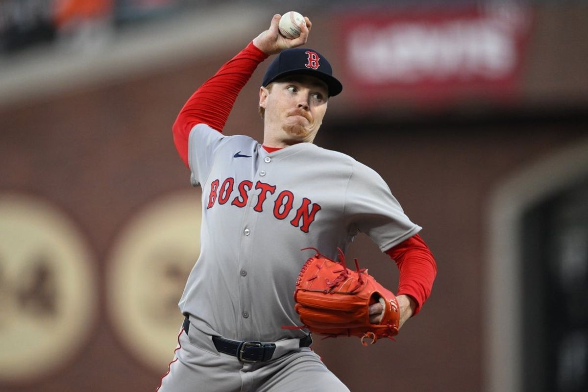 Jun 20, 2025; San Francisco, California, USA; Boston Red Sox starting pitcher Hunter Dobbins (73) throws against the San Francisco Giants in the fourth inning at Oracle Park. Mandatory Credit: Eakin Howard-Imagn Images