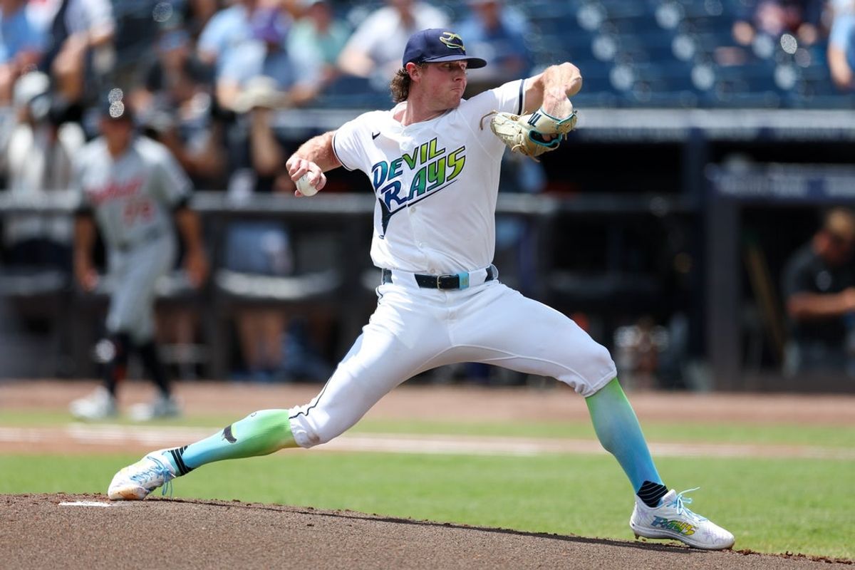 Jun 21, 2025; Tampa, Florida, USA; Tampa Bay Rays starting pitcher Ryan Pepiot (44) throws a pitch against the Detroit Tigers in the first inning at George M. Steinbrenner Field. Mandatory Credit: Nathan Ray Seebeck-Imagn Images
