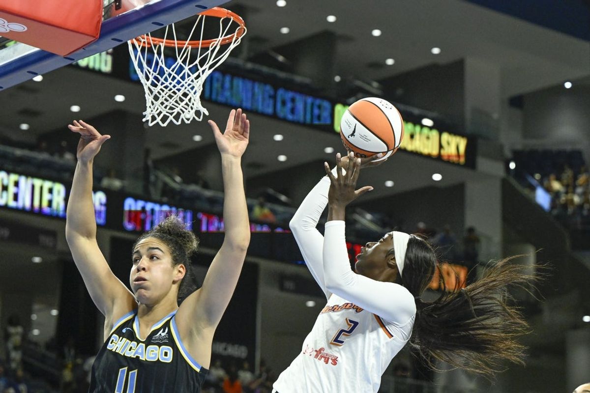 Jun 21, 2025; Chicago, Illinois, USA; Phoenix Mercury guard Kahleah Copper (2) shoots against Chicago Sky guard Kia Nurse (11) during the first quarter at Wintrust Arena. Mandatory Credit: Matt Marton-Imagn Images