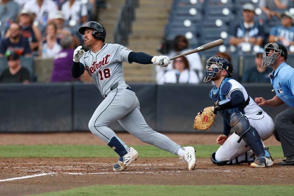 Jun 21, 2025; Tampa, Florida, USA; Detroit Tigers outfielder Jahmai Jones (18) hits an rbi double against the Tampa Bay Rays in the eighth inning at George M. Steinbrenner Field. Mandatory Credit: Nathan Ray Seebeck-Imagn Images