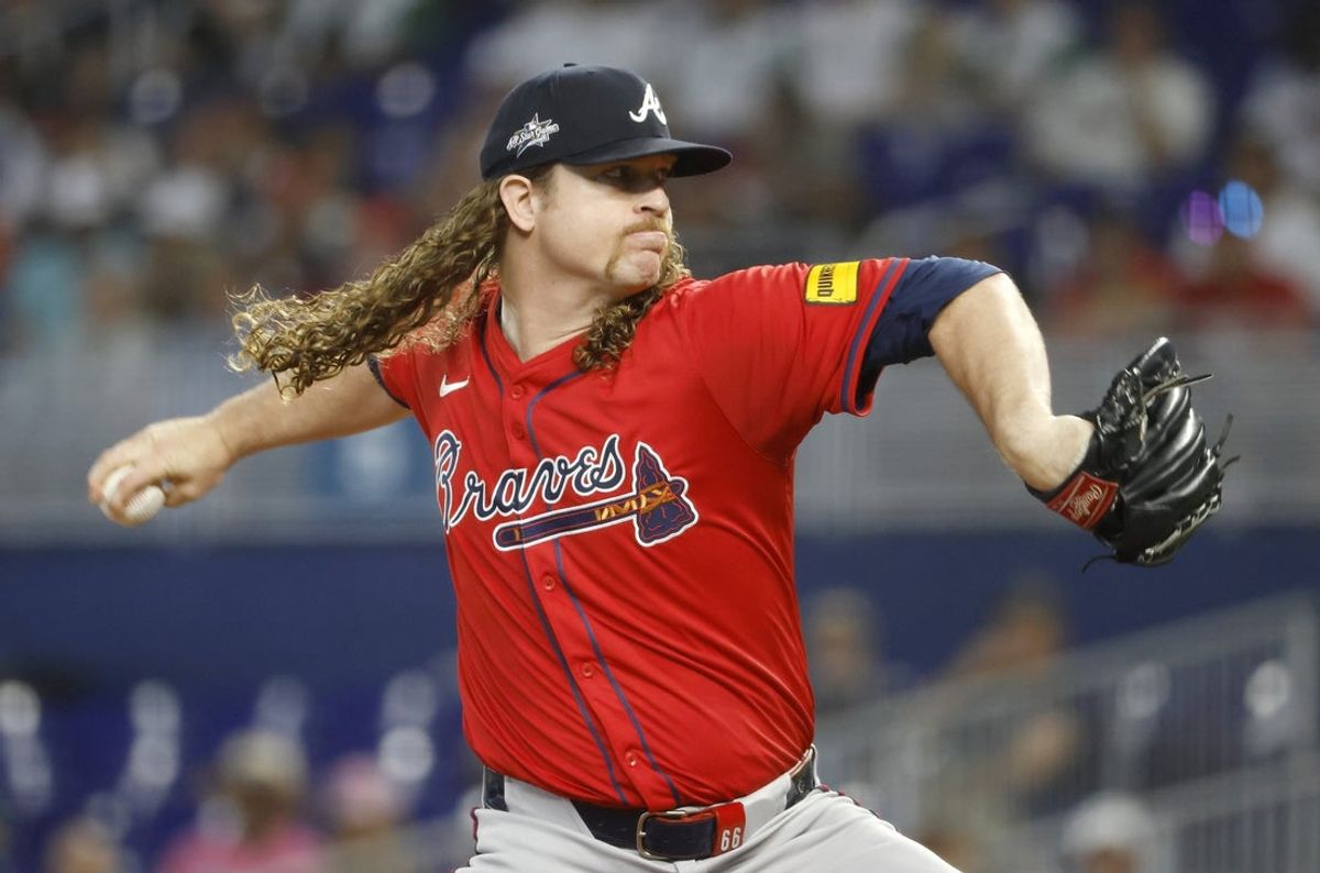 Jun 21, 2025; Miami, Florida, USA;  Atlanta Braves starting pitcher Grant Holmes (66) pitches against the Miami Marlins during the first inning at loanDepot Park. Mandatory Credit: Rhona Wise-Imagn Images