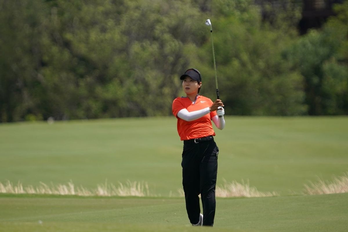 Jun 21, 2025; Frisco, Texas, USA; Somi Lee plays a shot on the first hole during the third round of the KPMG Women's PGA Championship. Mandatory Credit: Raymond Carlin III-Imagn Images