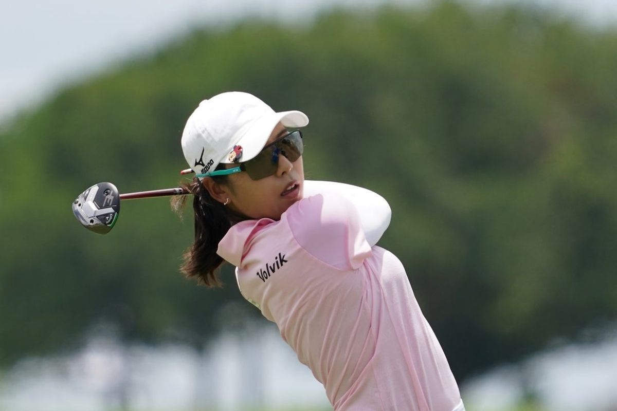 Jun 21, 2025; Frisco, Texas, USA; Mi Hyang Lee plays her shot from the sixth tee during the third round of the KPMG Women's PGA Championship. Mandatory Credit: Raymond Carlin III-Imagn Images