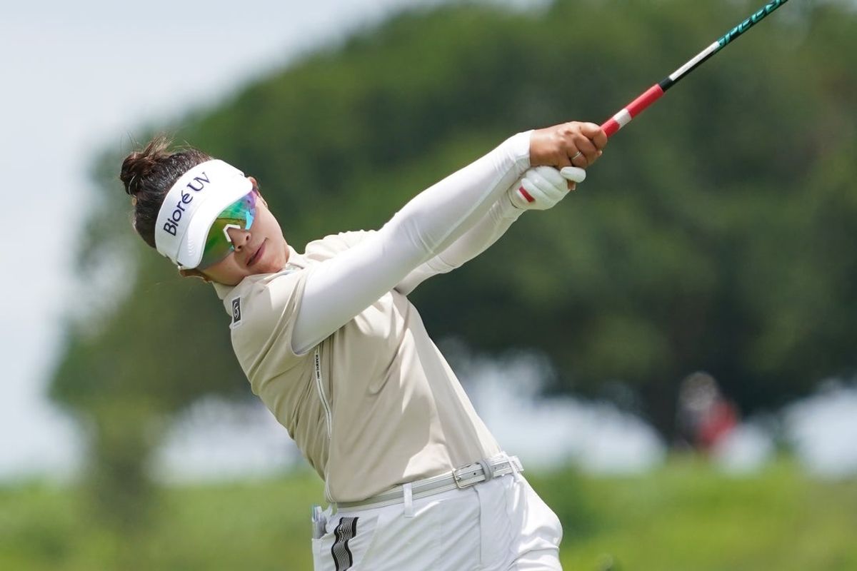 Jun 21, 2025; Frisco, Texas, USA; Miyu Yamashita plays her shot from the sixth tee during the third round of the KPMG Women's PGA Championship. Mandatory Credit: Raymond Carlin III-Imagn Images