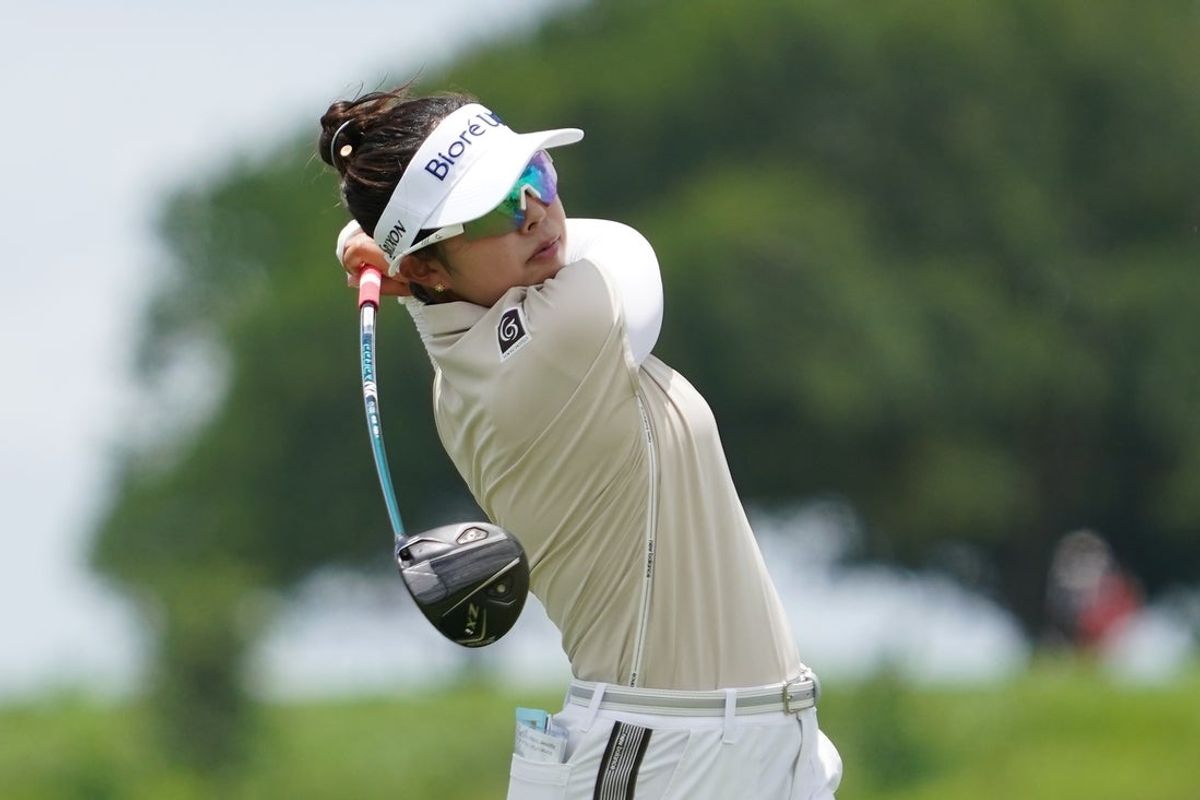 Jun 21, 2025; Frisco, Texas, USA; Miyu Yamashita plays her shot from the sixth tee during the third round of the KPMG Women's PGA Championship. Mandatory Credit: Raymond Carlin III-Imagn Images