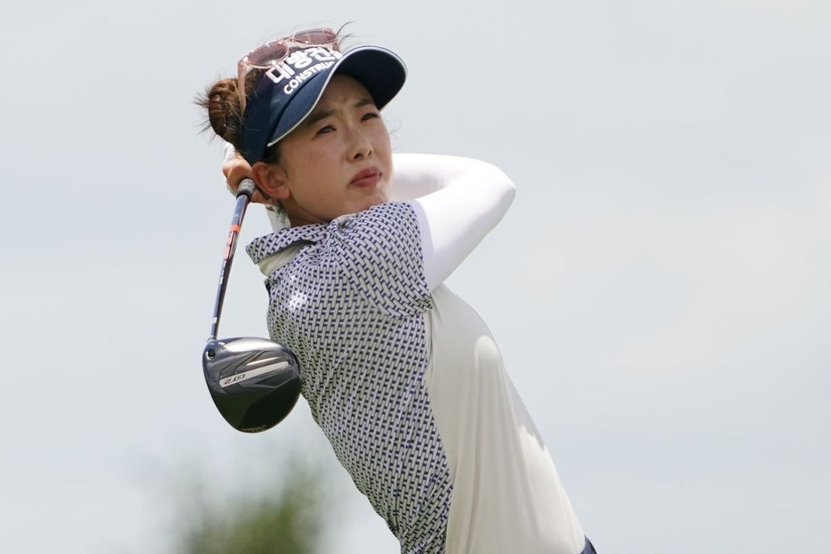 Jun 21, 2025; Frisco, Texas, USA; Yealimi Noh plays her shot from the sixth tee during the third round of the KPMG Women's PGA Championship. Mandatory Credit: Raymond Carlin III-Imagn Images