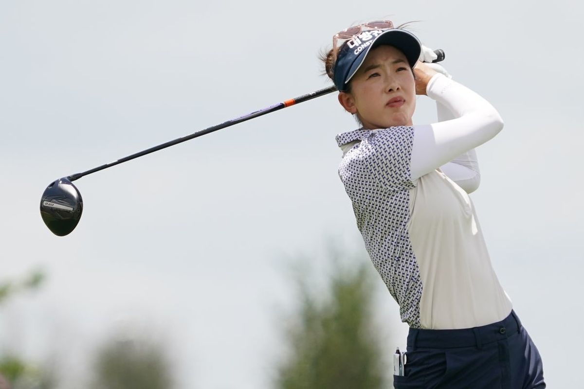 Jun 21, 2025; Frisco, Texas, USA; Yealimi Noh plays her shot from the sixth tee during the third round of the KPMG Women's PGA Championship. Mandatory Credit: Raymond Carlin III-Imagn Images