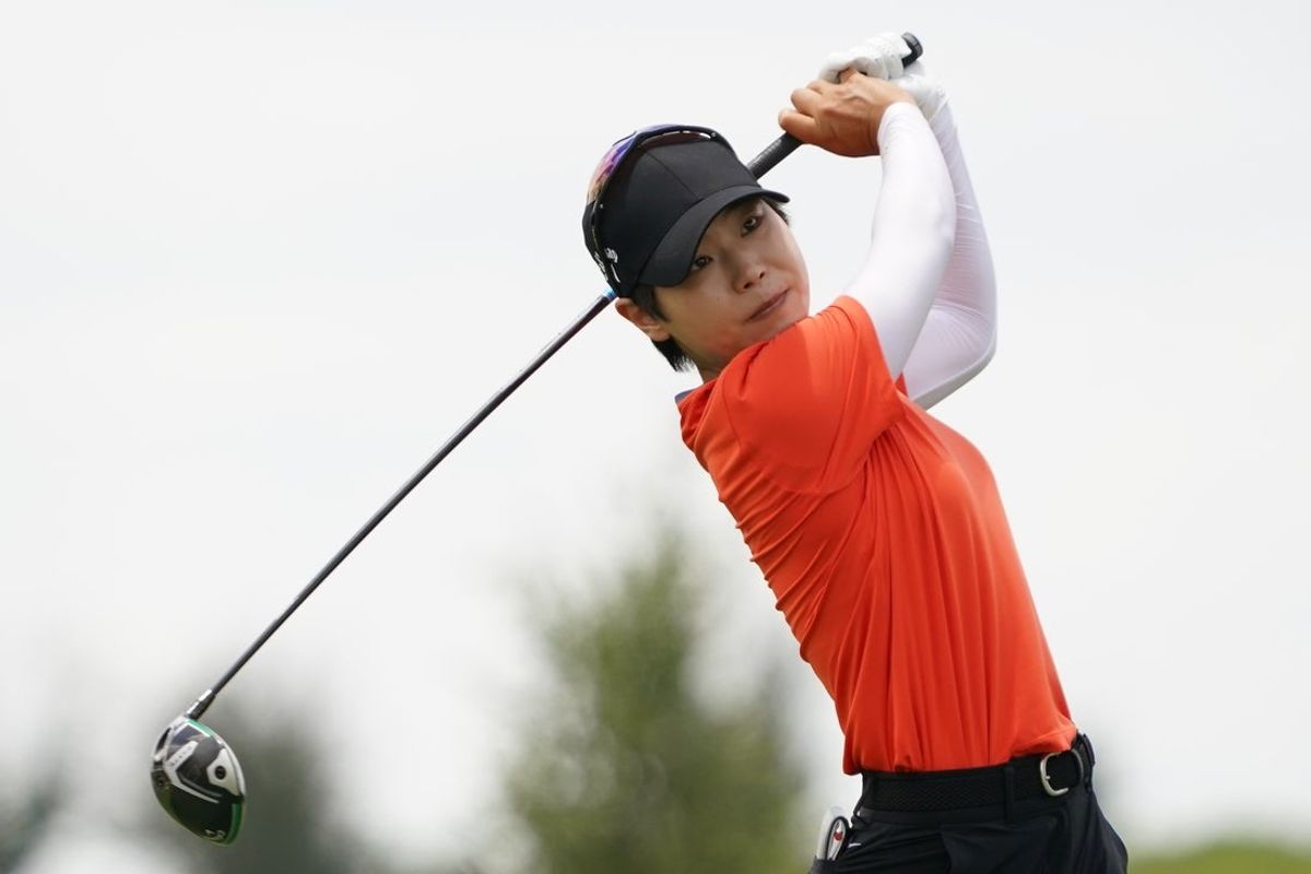 Jun 21, 2025; Frisco, Texas, USA; Somi Lee plays her shot from the sixth tee during the third round of the KPMG Women's PGA Championship. Mandatory Credit: Raymond Carlin III-Imagn Images