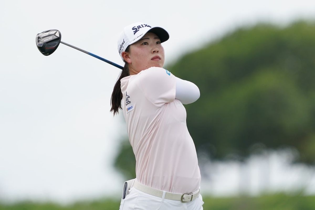 Jun 21, 2025; Frisco, Texas, USA; Rio Takeda plays her shot from the sixth tee during the third round of the KPMG Women's PGA Championship. Mandatory Credit: Raymond Carlin III-Imagn Images