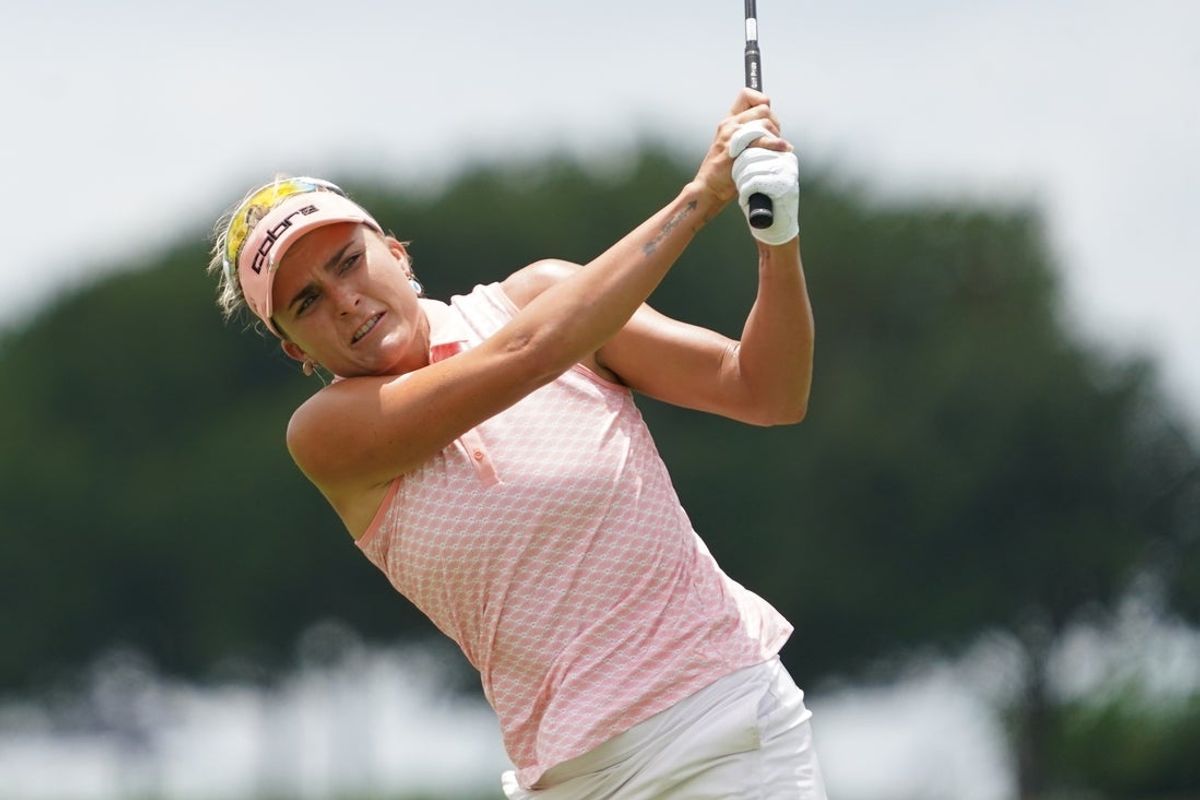 Jun 21, 2025; Frisco, Texas, USA; Lexi Thompson plays her shot from the sixth tee during the third round of the KPMG Women's PGA Championship. Mandatory Credit: Raymond Carlin III-Imagn Images