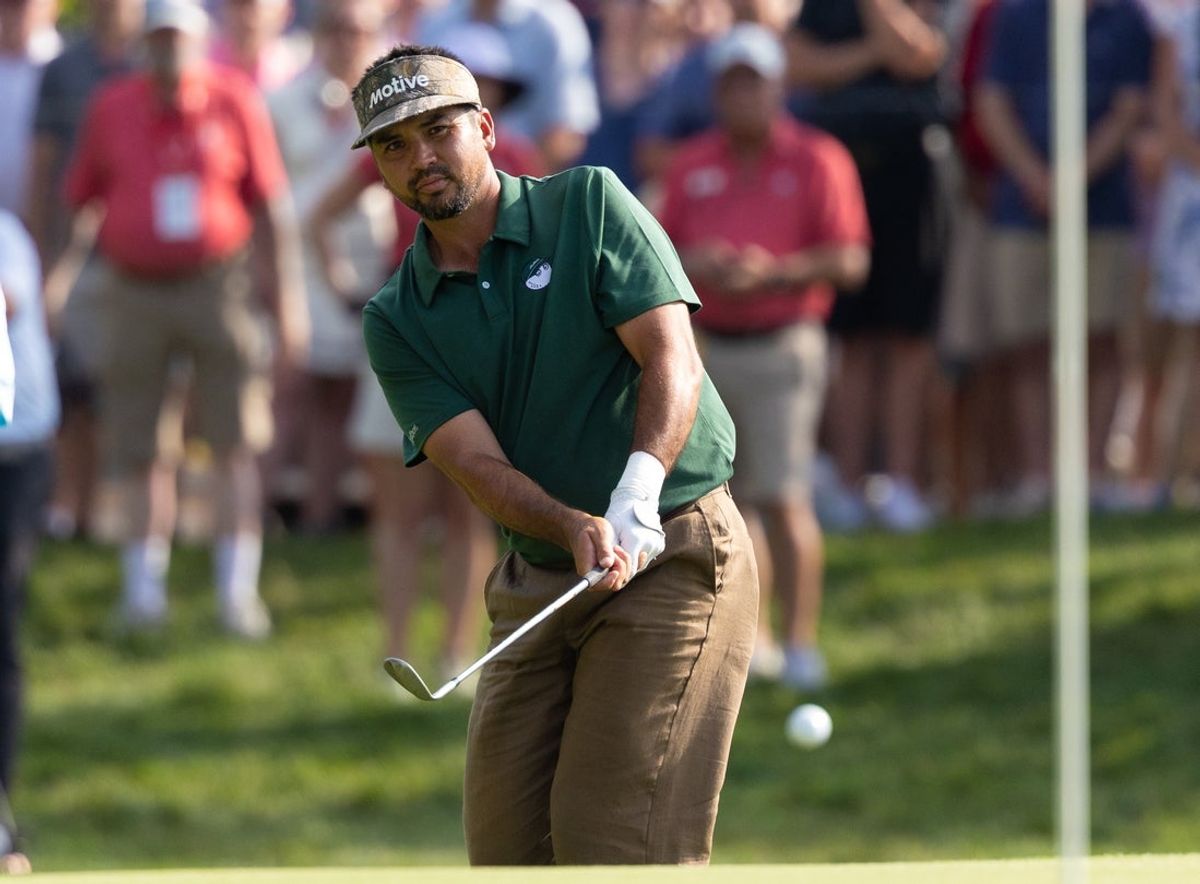 Jun 21, 2025; Cromwell, Connecticut, USA; Jason Day chips on the 15th hole during the third round of the Travelers Championship golf tournament. Mandatory Credit: Bill Streicher-Imagn Images