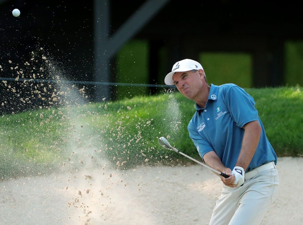 Steven Alker of New Zealand plays his fourth shot from the bunker on No. 16 during the third round of the 2025 Kaulig Companies Championship at Firestone Country Club, Saturday, June 21, 2025, in Akron, Ohio.