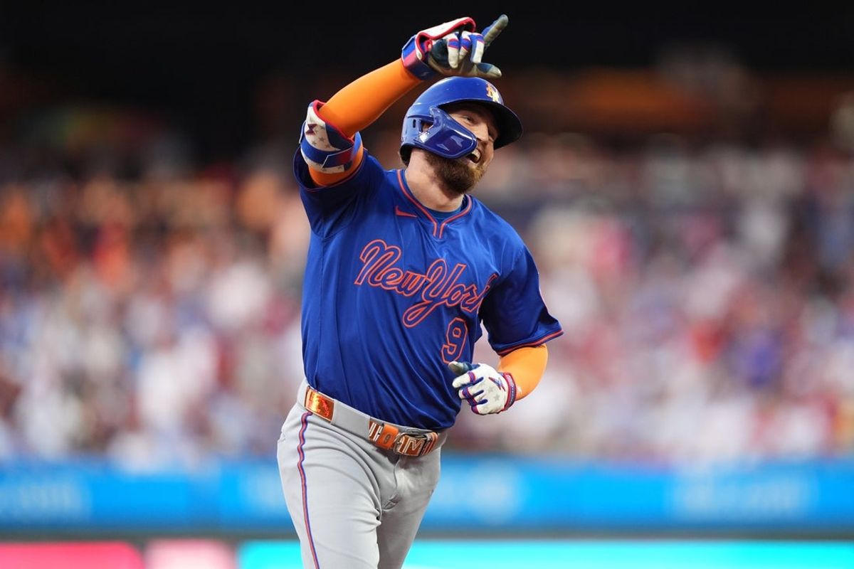 Jun 21, 2025; Philadelphia, Pennsylvania, USA; New York Mets outfielder Brandon Nimmo (9) rounds the bases after hitting a home run against the Philadelphia Phillies in the third inning at Citizens Bank Park. Mandatory Credit: Kyle Ross-Imagn Images