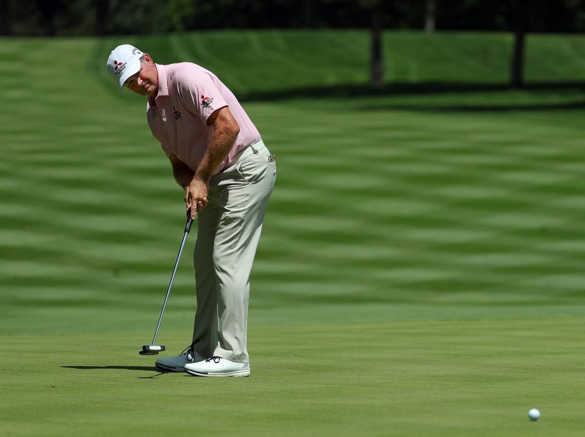 Retief Goosen of South Africa putts on No. 6 during the third round of the 2025 Kaulig Companies Championship at Firestone Country Club, Saturday, June 21, 2025, in Akron, Ohio.