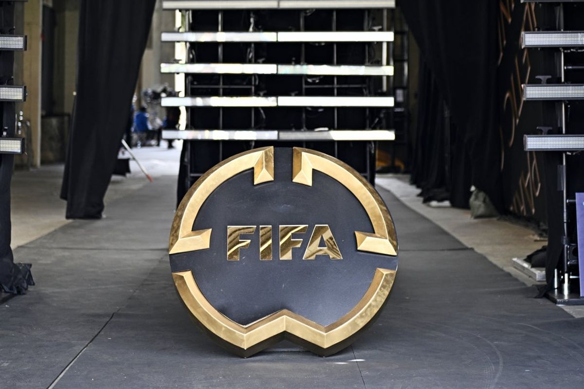 Jun 21, 2025; Pasadena, California, USA; The FIFA Club World Cup logo is seen before the game between CF Monterrey and CA River Plate during a group stage match of the 2025 FIFA Club World Cup at Rose Bowl Stadium. Mandatory Credit: Kelvin Kuo-Imagn Images
