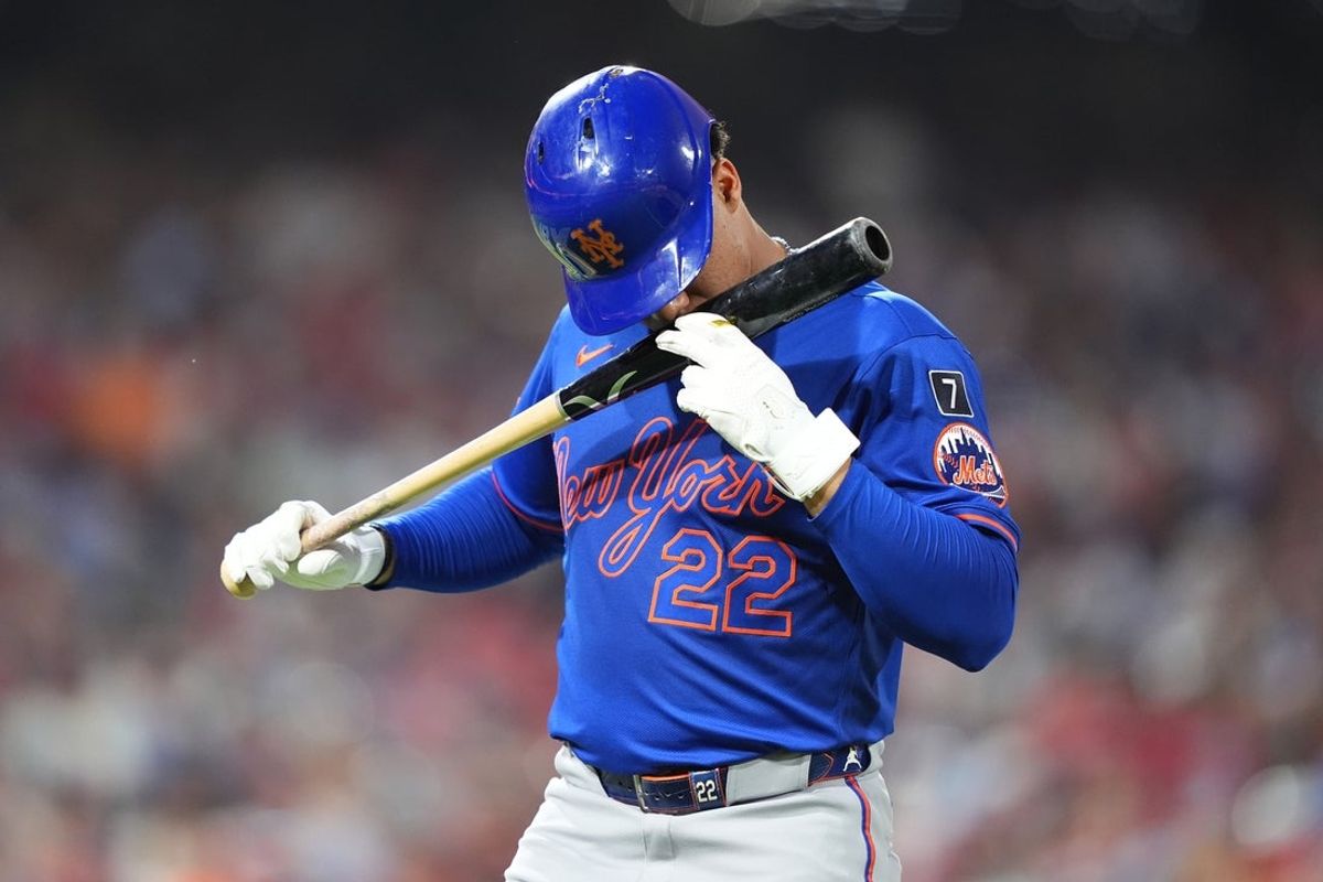 Jun 21, 2025; Philadelphia, Pennsylvania, USA; New York Mets outfielder Juan Soto (22) reacts after hitting a foul ball against the Philadelphia Phillies in the fifth inning at Citizens Bank Park. Mandatory Credit: Kyle Ross-Imagn Images