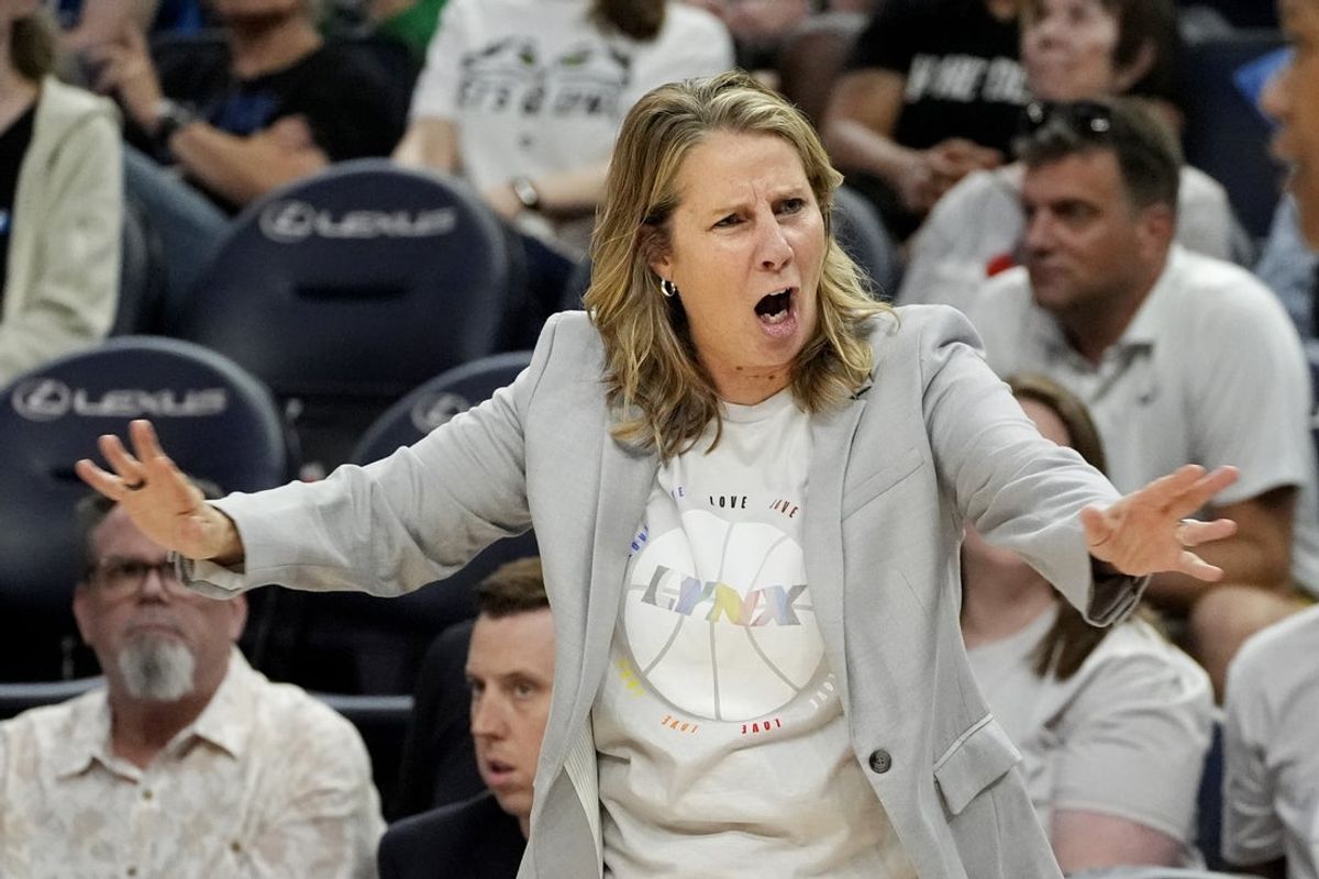 Jun 21, 2025; Minneapolis, Minnesota, USA; Minnesota Lynx head coach Cheryl Reeve questions a call by a referee for the Los Angeles Sparks in the second quarter at Target Center. Mandatory Credit: Bruce Kluckhohn-Imagn Images