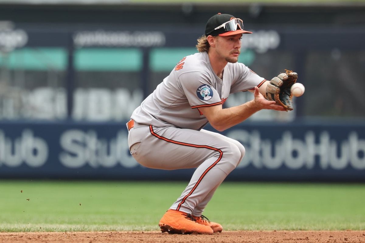 Jun 22, 2025; Bronx, New York, USA; Baltimore Orioles shortstop Gunnar Henderson (2) fields a ball during the second inning against the New York Yankees at Yankee Stadium. Mandatory Credit: Vincent Carchietta-Imagn Images