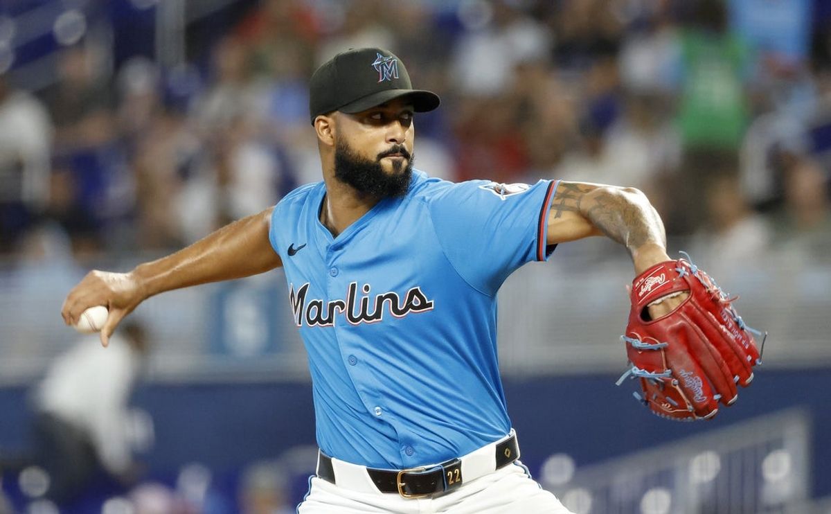 Jun 22, 2025; Miami, Florida, USA;  Miami Marlins starting pitcher Sandy Alcantara (22) pitches against the Atlanta Braves during the first inning at loanDepot Park. Mandatory Credit: Rhona Wise-Imagn Images