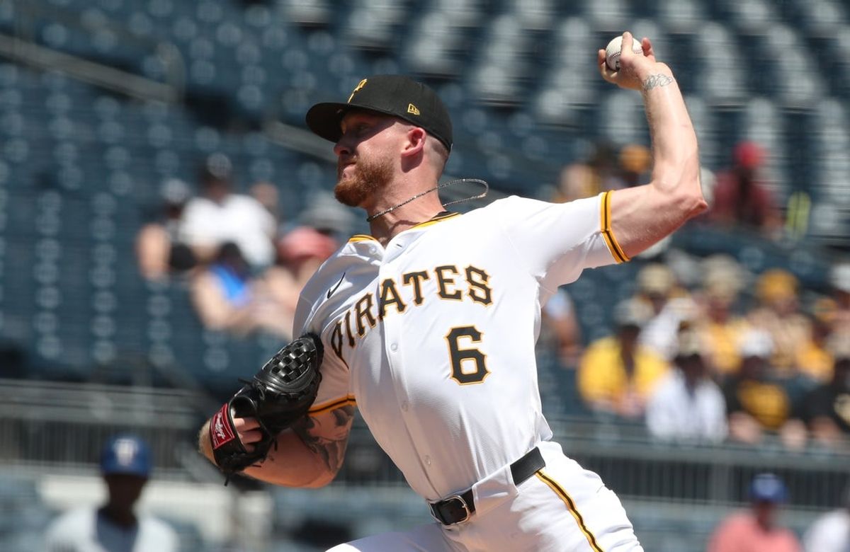 Jun 22, 2025; Pittsburgh, Pennsylvania, USA;  Pittsburgh Pirates starting pitcher Bailey Falter (6) delivers a pitch against the Texas Rangers during the first inning at PNC Park. Mandatory Credit: Charles LeClaire-Imagn Images