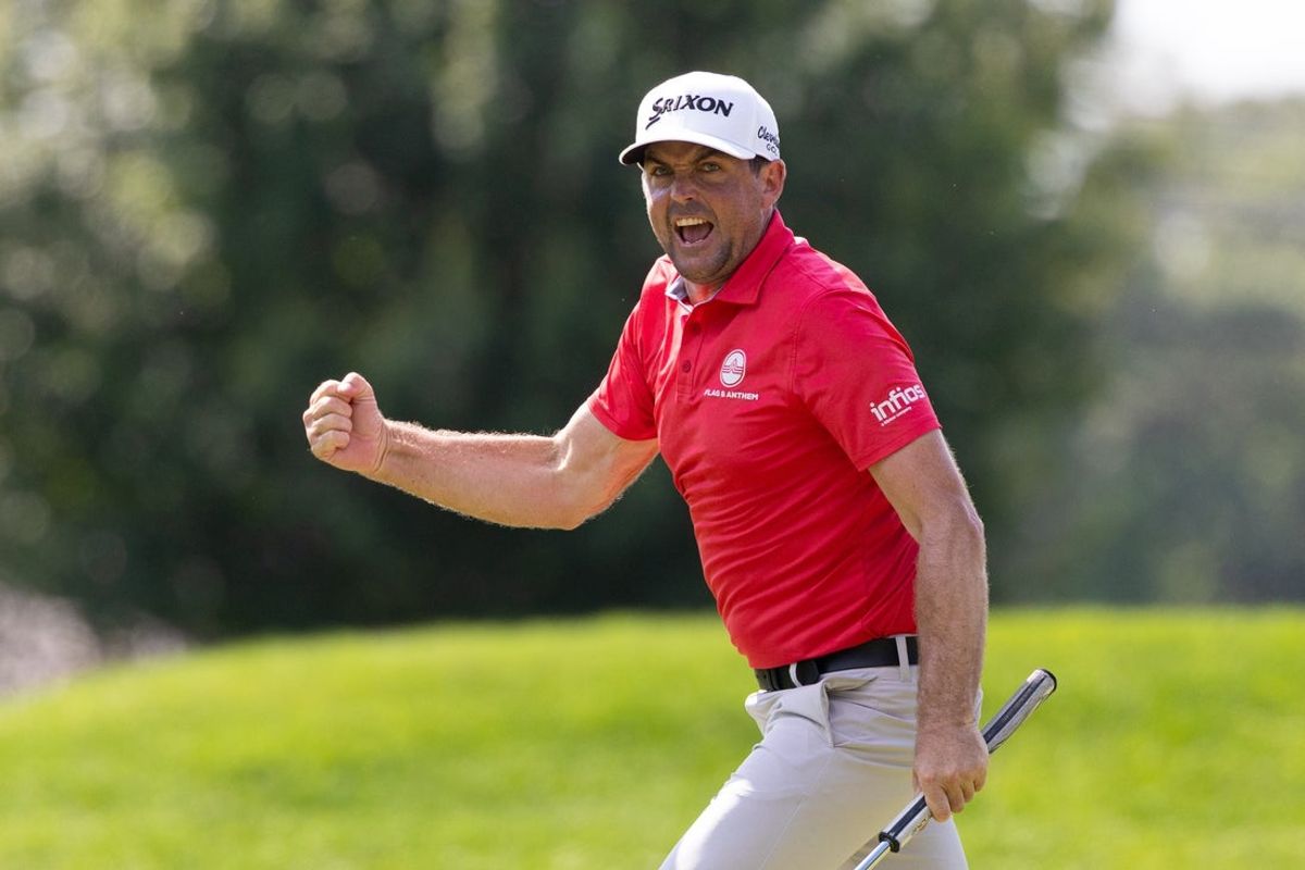 Jun 22, 2025; Cromwell, Connecticut, USA; Keegan Bradley reacts to his 64 feet birdie putt on the ninth hole during the final round of the Travelers Championship golf tournament. Mandatory Credit: Bill Streicher-Imagn Images