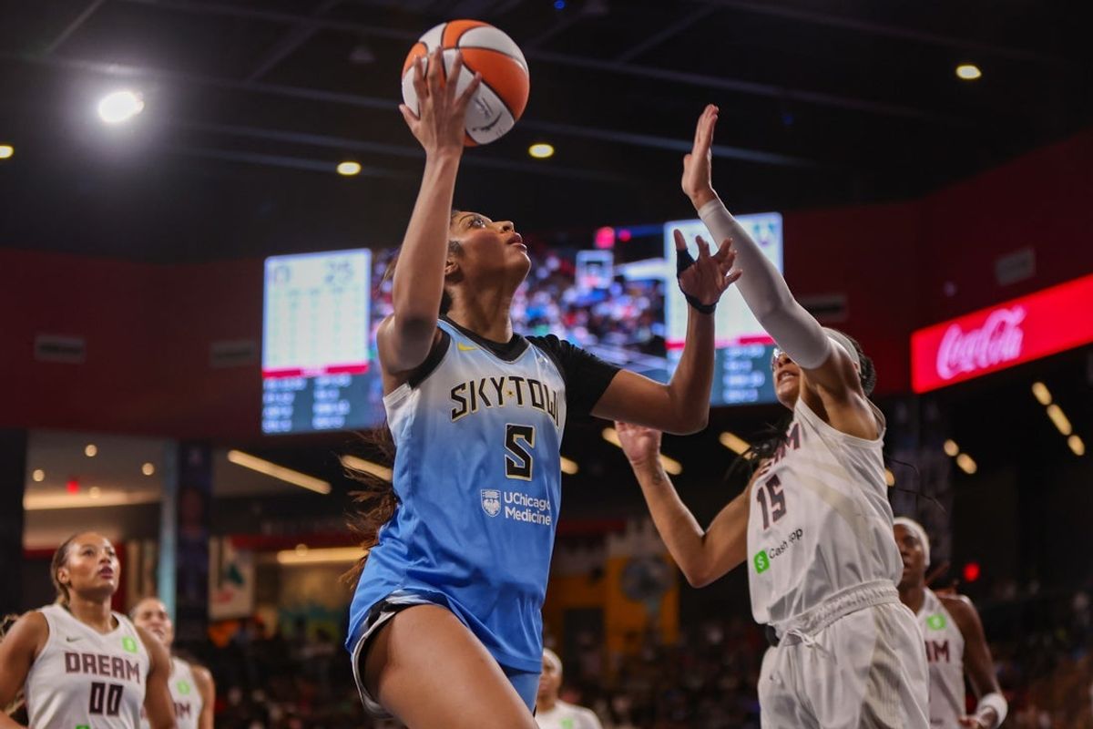 Jun 22, 2025; College Park, Georgia, USA; Chicago Sky forward Angel Reese (5) shoots against the Atlanta Dream in the second quarter at Gateway Center Arena at College Park. Mandatory Credit: Brett Davis-Imagn Images