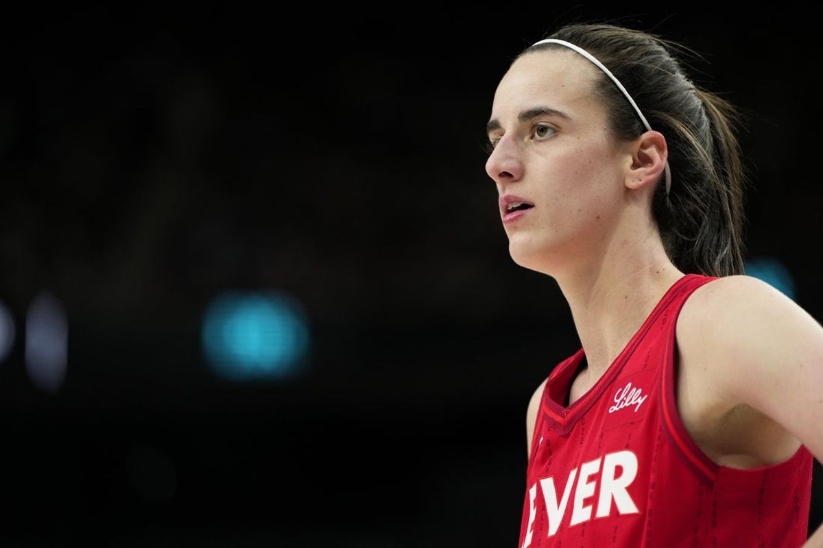 Jun 22, 2025; Las Vegas, Nevada, USA; Indiana Fever guard Caitlin Clark (22) during the second half of a WNBA basketball game against the Las Vegas Aces at T-Mobile Arena. Mandatory Credit: Lucas Peltier-Imagn Images