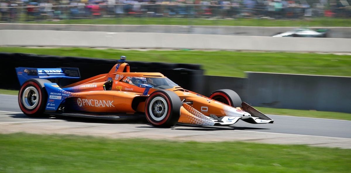 Scott Dixon (9) accelerates out of turn 5, Sunday, June 22, 2025, at the IndyCar XPEL Grand Prix at Elkhart Lake’s Road America near Elkhart Lake, Wis.