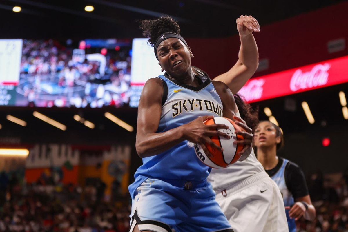 Jun 22, 2025; College Park, Georgia, USA; Chicago Sky center Elizabeth Williams (1) grabs a rebound against the Atlanta Dream in the fourth quarter at Gateway Center Arena at College Park. Mandatory Credit: Brett Davis-Imagn Images