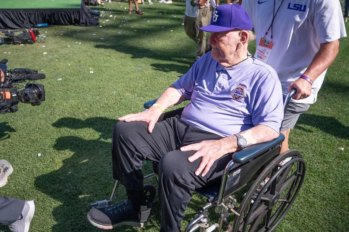 Jun 22, 2025; Omaha, Neb, USA;  Former LSU Tigers head coach and athletic director Skip Bertman on the field after the win against the Coastal Carolina Chanticleers at Charles Schwab Field. Mandatory Credit: Steven Branscombe-Imagn Images