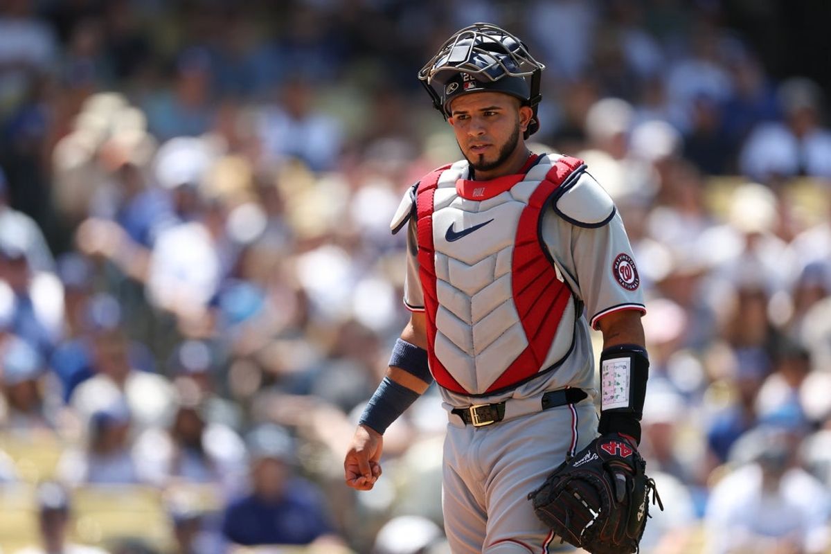 Jun 22, 2025; Los Angeles, California, USA;  Washington Nationals catcher Keibert Ruiz (20) looks on during the sixth inning against the Los Angeles Dodgers at Dodger Stadium. Mandatory Credit: Kiyoshi Mio-Imagn Images