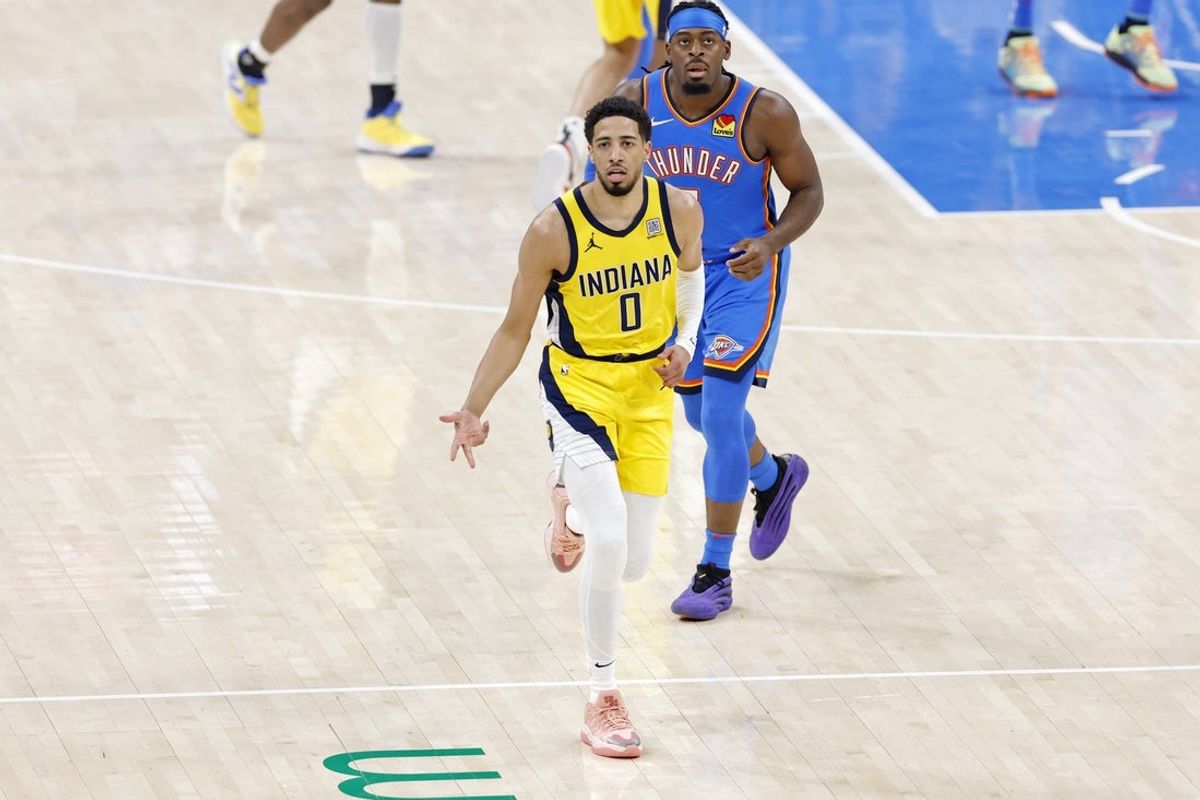 Jun 22, 2025; Oklahoma City, Oklahoma, USA; Indiana Pacers guard Tyrese Haliburton (0) reacts after against the Oklahoma City Thunder during the first half of game seven of the 2025 NBA Finals at Paycom Center. Mandatory Credit: Alonzo Adams-Imagn Images