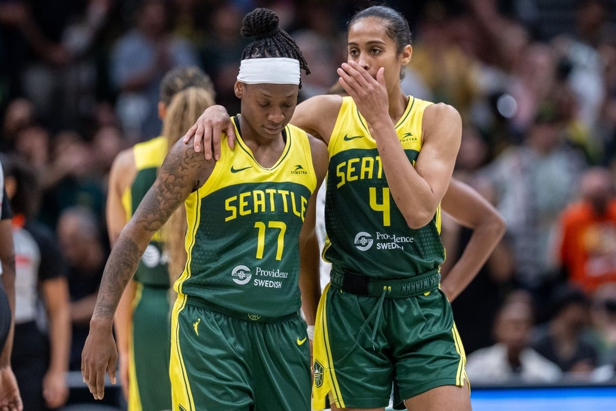 Jun 22, 2025; Seattle, Washington, USA;  Seattle Storm guard Erica Wheeler (17) and guard Skylar Diggins (4) talk during a break in play in the second half against the New York Liberty at Climate Pledge Arena. Mandatory Credit: Stephen Brashear-Imagn Images
