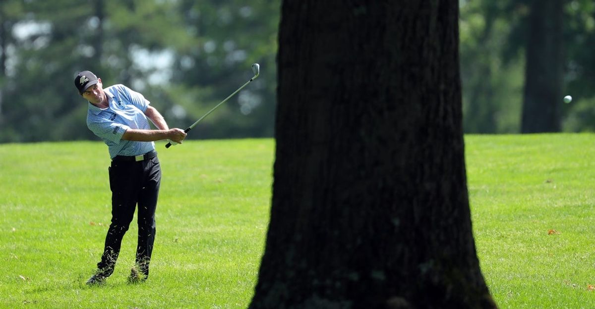 Steven Alker of New Zealand plays a ball from the rough along the No. 8 fairway during the final round of the 2025 Kaulig Companies Championship at Firestone Country Club, Sunday, June 22, 2025, in Akron, Ohio.