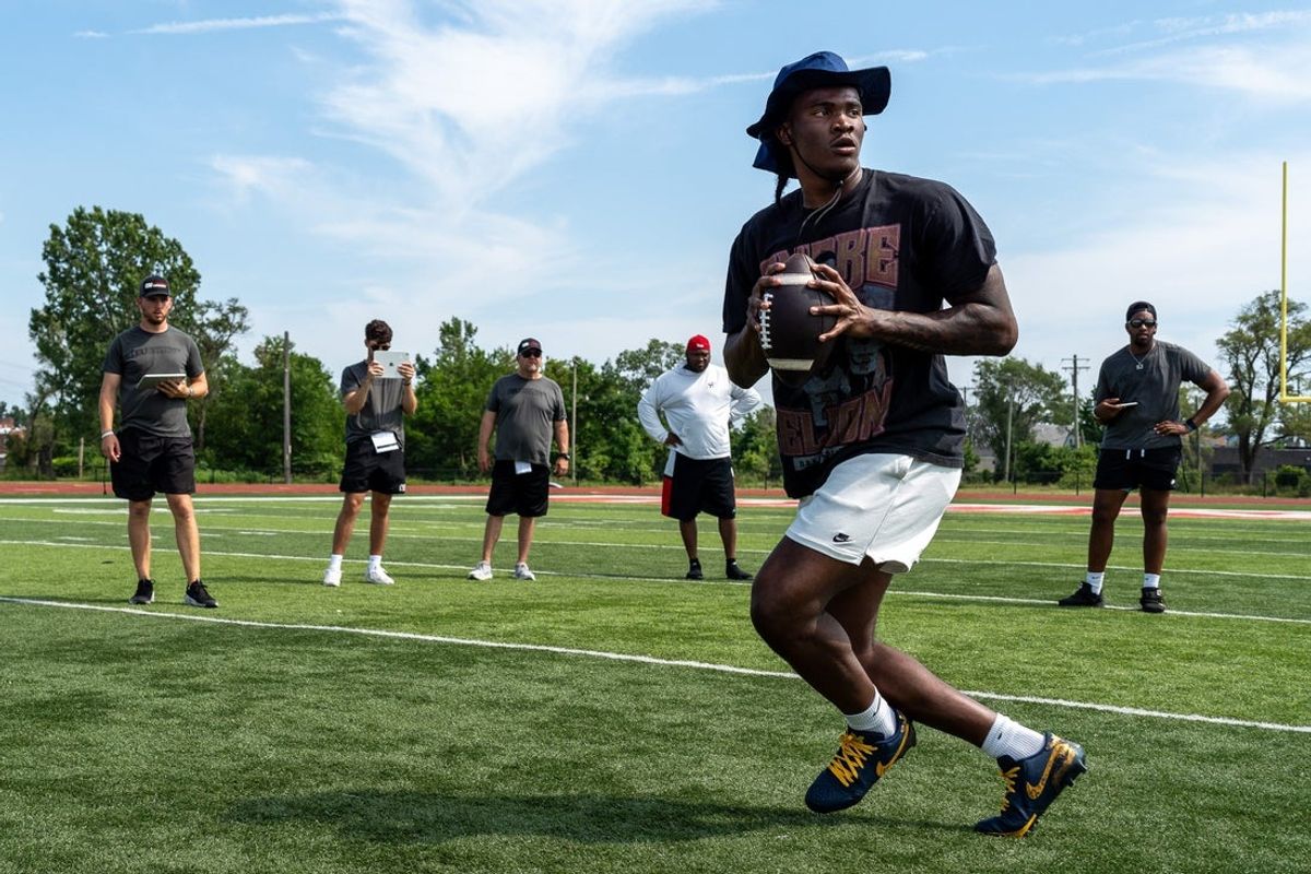 Bryce Underwood, 17, a freshman quarterback at Michigan and the nation’s No. 1 recruit in the 2025 class, participates in football drill during a private workout in Detroit on Saturday, June 21, 2025.