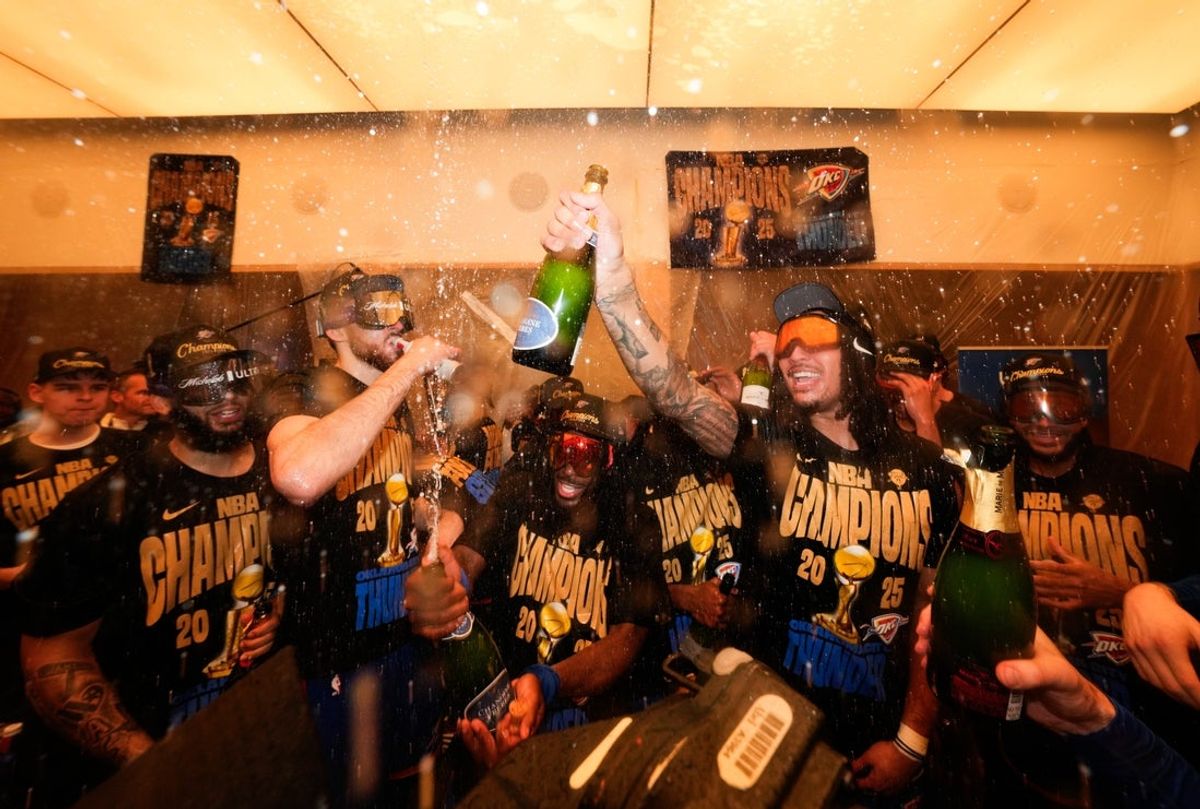 Jun 22, 2025; Oklahoma City, Oklahoma, USA; The Oklahoma City Thunder celebrate after winning game seven of the 2025 NBA Finals against the Indiana Pacers at Paycom Center. Mandatory Credit: Kyle Terada-Imagn Images