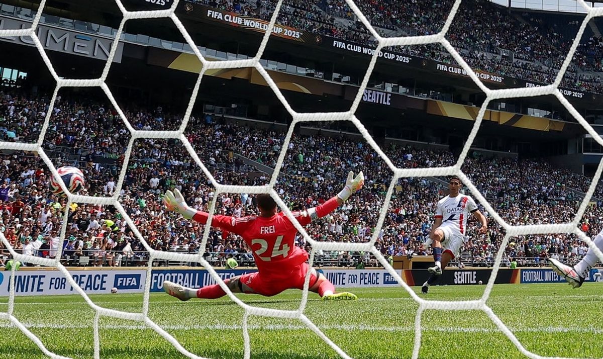 [Subscription Customers Only] Jun 23, 2025; Seattle, Washington, USA;  Paris Saint-Germain defender Achraf Hakimi (2) scores on Seattle Sounders FC goalkeeper Stefan Frei (24)  during a group stage match of the 2025 FIFA Club World Cup at Lumen Field. Mandatory Credit: Agustin Marcarian-Reuters via Imagn Images