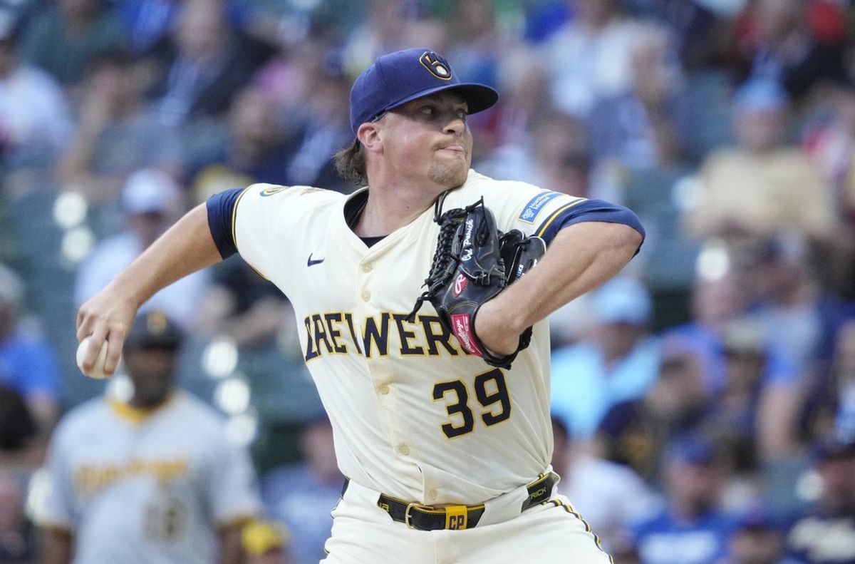 Jun 23, 2025; Milwaukee, Wisconsin, USA; Milwaukee Brewers pitcher Chad Patrick (39) delivers a pitch against the Pittsburgh Pirates in the first inning at American Family Field. Mandatory Credit: Michael McLoone-Imagn Images