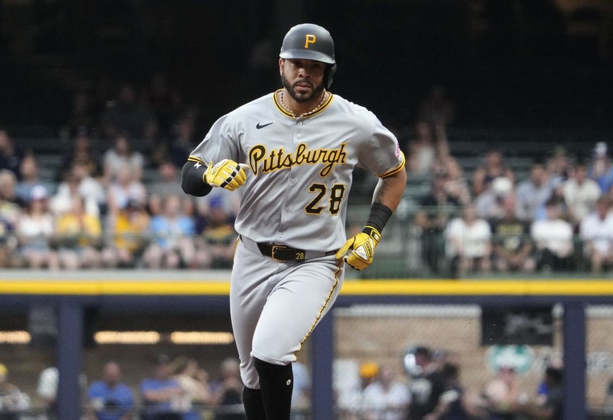 Jun 23, 2025; Milwaukee, Wisconsin, USA; Pittsburgh Pirates outfielder Tommy Pham (28) rounds the bases after hitting a home run against the Milwaukee Brewers in the fourth inning at American Family Field. Mandatory Credit: Michael McLoone-Imagn Images