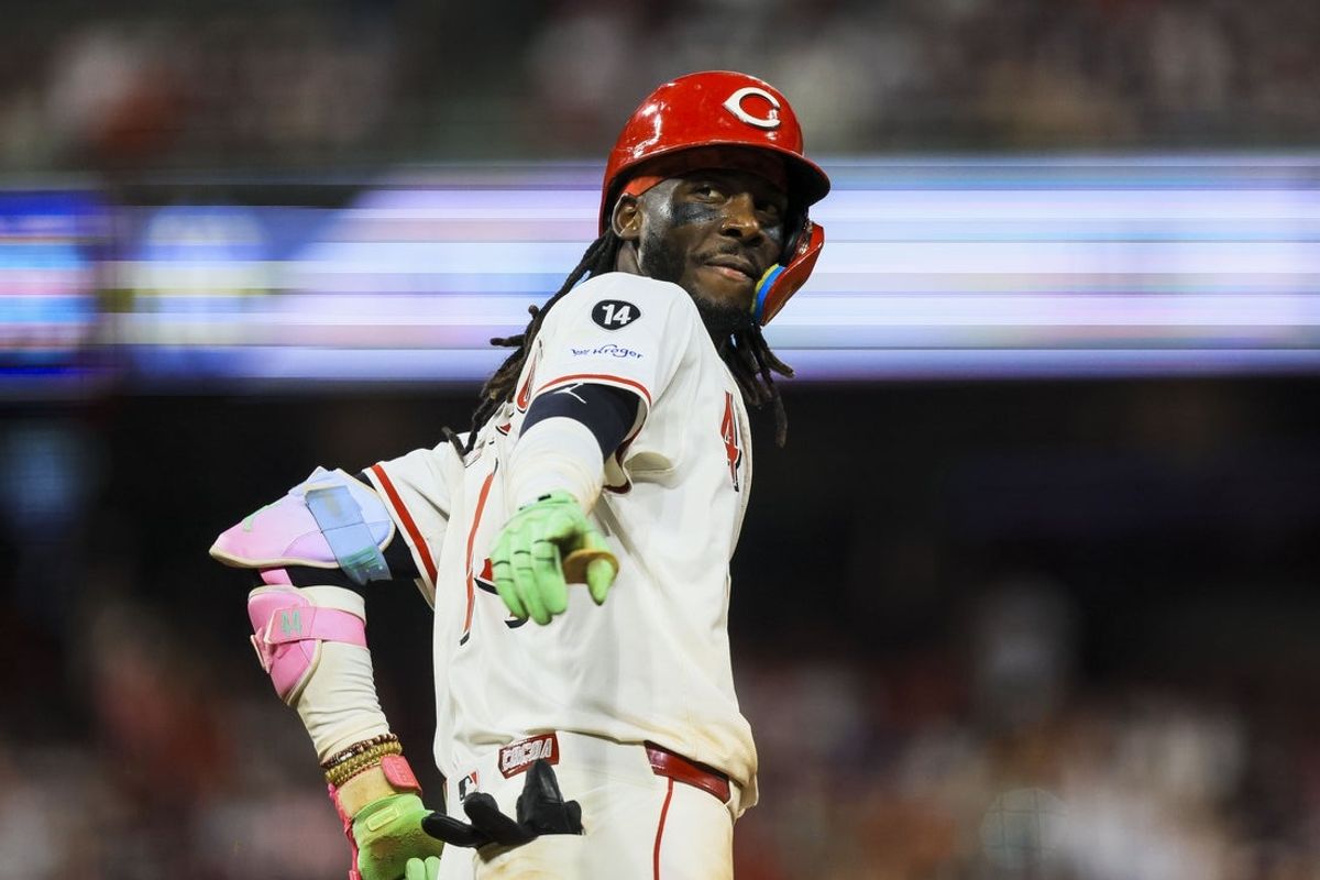 Jun 23, 2025; Cincinnati, Ohio, USA; Cincinnati Reds shortstop Elly De La Cruz (44) reacts after hitting a solo home run in the eighth inning against the New York Yankees at Great American Ball Park. Mandatory Credit: Katie Stratman-Imagn Images