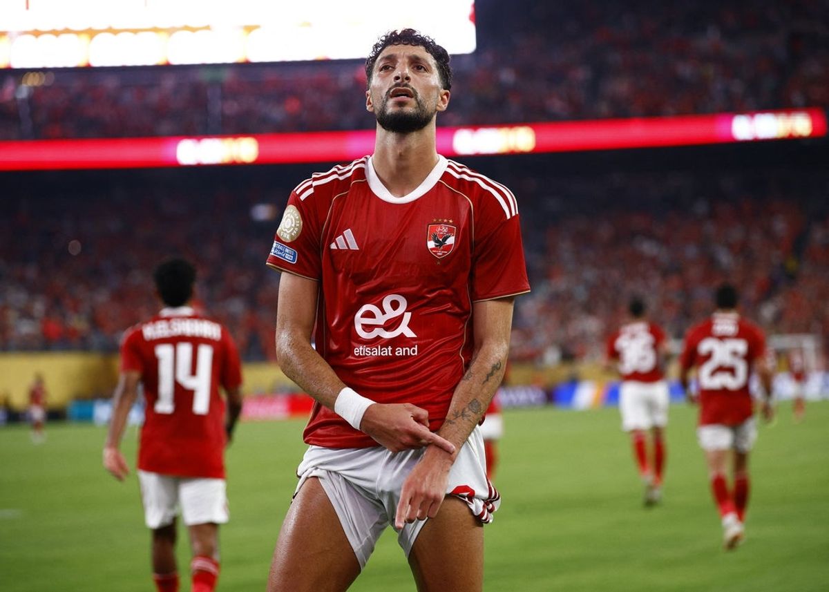 Jun 23, 2025; East Rutherford, New Jersey, USA; Al Ahly's Wessam Abou Ali celebrates scoring their second goal during a group stage match of the 2025 FIFA Club World Cup at MetLife Stadium. Mandatory Credit: Susana Vera-Reuters via Imagn Images