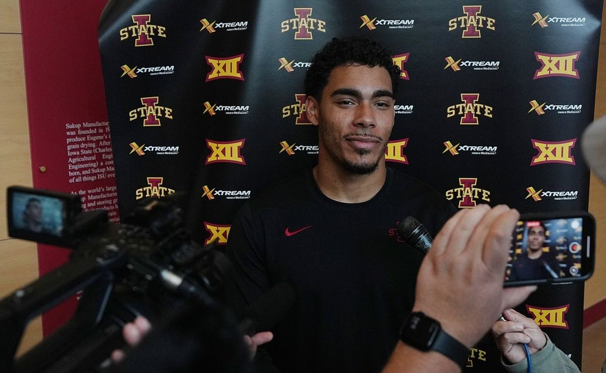 Iowa State men’s basketball guard Tamin Lipsey talks to media at the university Sukup Basketball Complex on June 24, 2025, in Ames, Iowa.