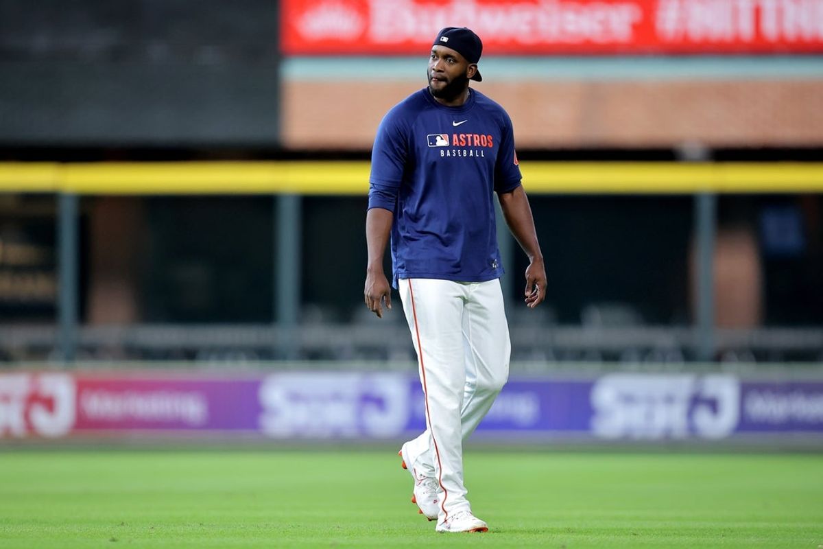 Jun 24, 2025; Houston, Texas, USA; Houston Astros left fielder Yordan Alvarez (44) works out prior to the game against the Philadelphia Phillies at Daikin Park. Mandatory Credit: Erik Williams-Imagn Images