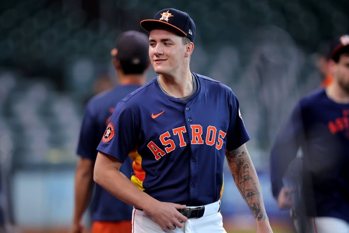 Jun 24, 2025; Houston, Texas, USA; Houston Astros starting pitcher Hunter Brown (58) prior to the game against the Philadelphia Phillies at Daikin Park. Mandatory Credit: Erik Williams-Imagn Images