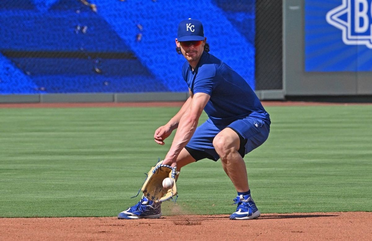Jun 24, 2025; Kansas City, Missouri, USA;  Kansas City Royals shortstop Bobby Witt Jr. (7) takes fielding practice before a game against the Tampa Bay Rays at Kauffman Stadium. Mandatory Credit: Peter Aiken-Imagn Images