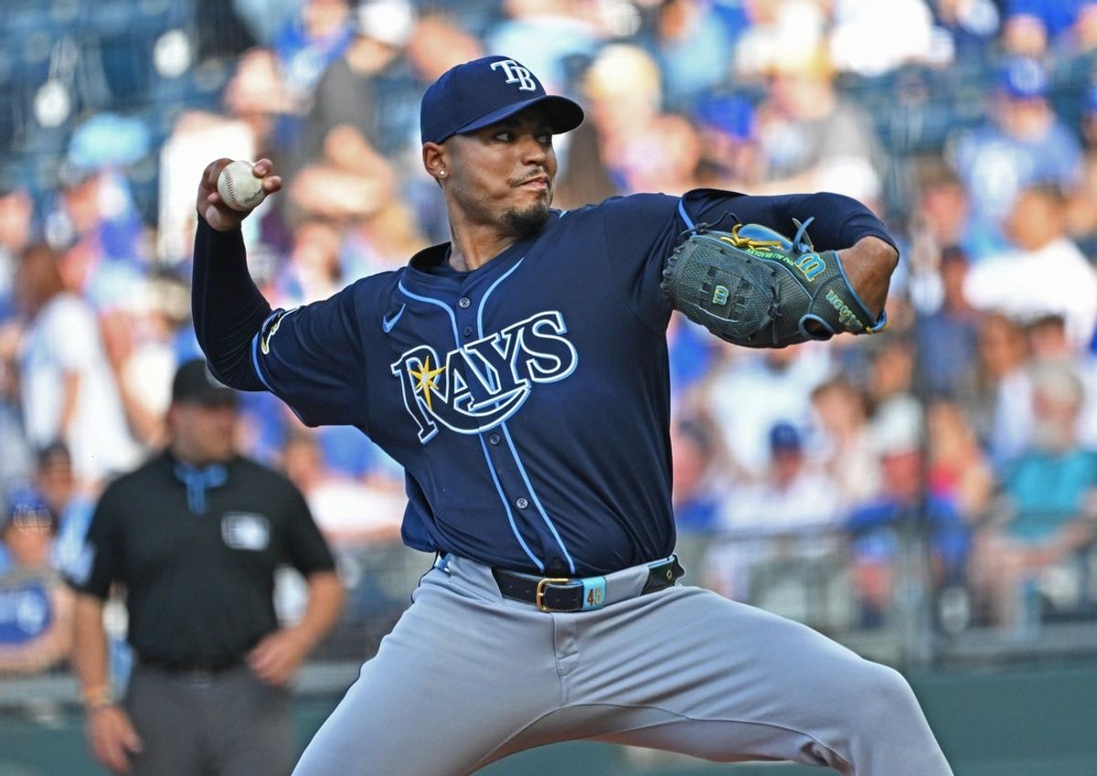 Jun 24, 2025; Kansas City, Missouri, USA;  Tampa Bay Rays starting pitcher Taj Bradley (45) throws a pitch in the first inning against the Kansas City Royals at Kauffman Stadium. Mandatory Credit: Peter Aiken-Imagn Images