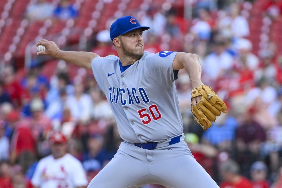 Jun 24, 2025; St. Louis, Missouri, USA;  Chicago Cubs starting pitcher Jameson Taillon (50) pitches against the St. Louis Cardinals during the first inning at Busch Stadium. Mandatory Credit: Jeff Curry-Imagn Images