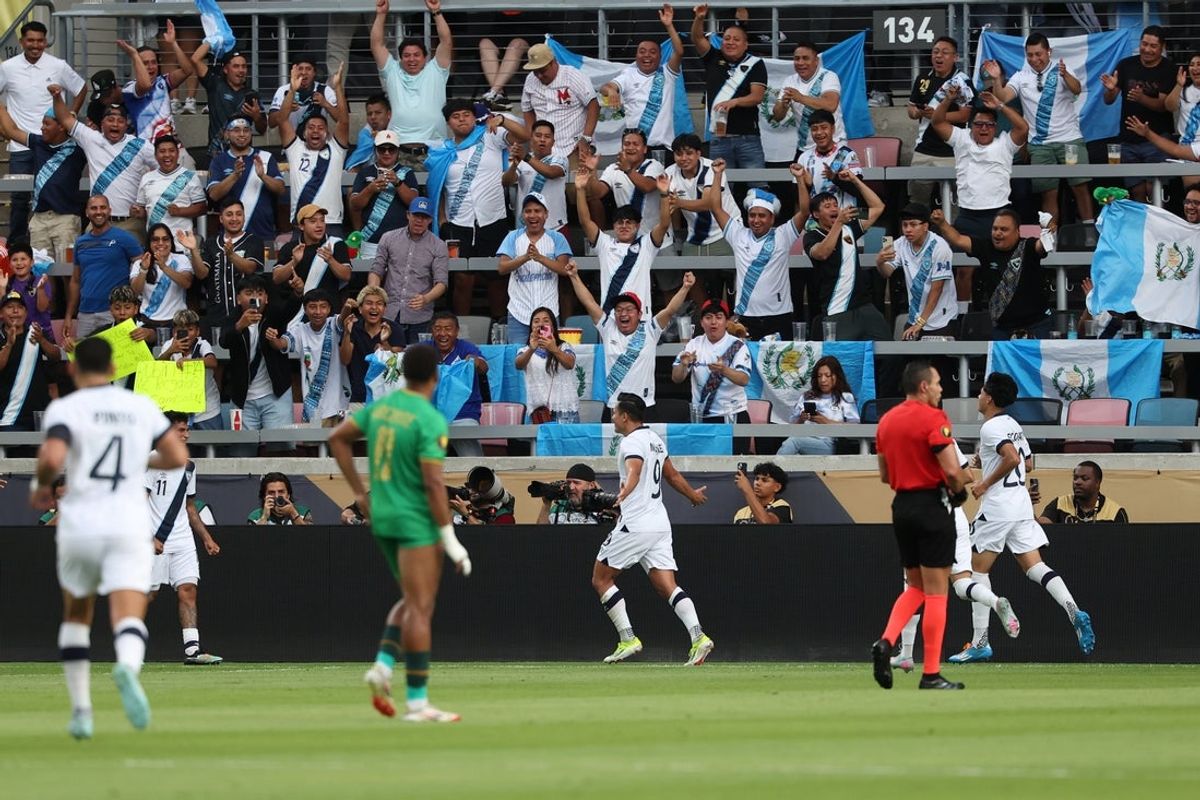 Jun 24, 2025; Houston, Texas, USA; Guatemala forward Rubio Rubin (9) celebrates scoring during the second half against Guadeloupe during a group stage match of the 2025 Gold Cup at Shell Energy Stadium. Mandatory Credit: Troy Taormina-Imagn Images