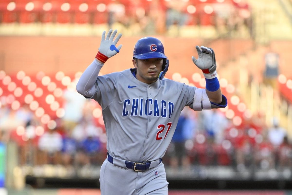 Jun 24, 2025; St. Louis, Missouri, USA;  Chicago Cubs left fielder Seiya Suzuki (27) reacts as he runs the bases after hitting a three run home run against the St. Louis Cardinals during the third inning at Busch Stadium. Mandatory Credit: Jeff Curry-Imagn Images