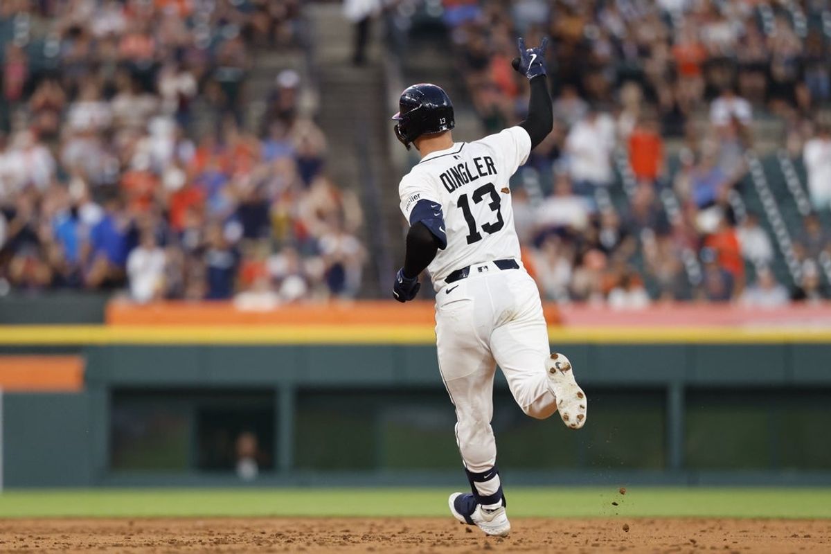 Jun 24, 2025; Detroit, Michigan, USA; Detroit Tigers catcher Dillon Dingler (13) runs the bases after hitting a home run in the third inning against the Athletics at Comerica Park. Mandatory Credit: Rick Osentoski-Imagn Images